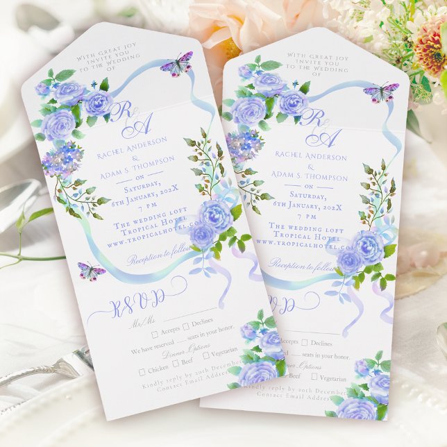 Blå Rosband Monogram Bröllopsinbjudan (Blue Rose Ribbon Monogram Wedding Invitation)