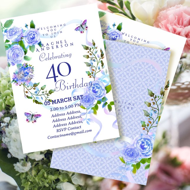 Blå Roselint 40-års födelsedagsinbjudan Inbjudningar (Blue Rose Ribbon 40th Birthday Invitation)