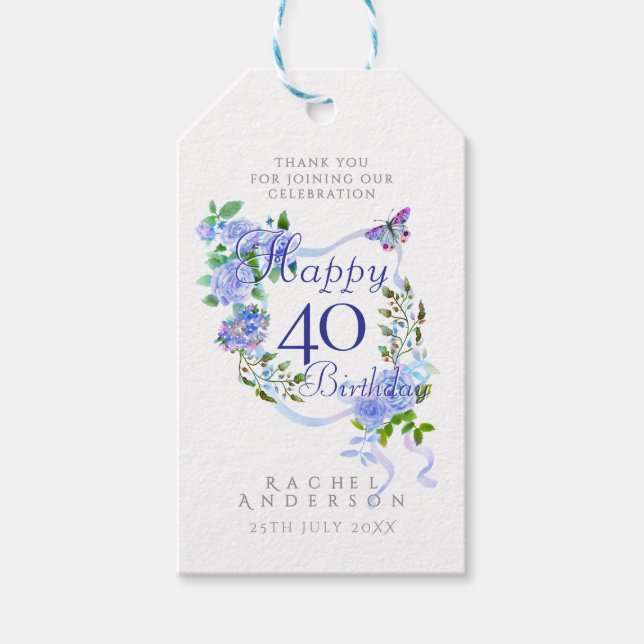 Blå Roselint 40-årsdag Presentetikett (Framsidan)