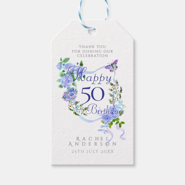 Blå Roselint 50-årsdag Presentetikett (Framsidan)