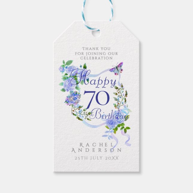 Blå Roselint 70-årsdag Presentetikett (Framsidan)