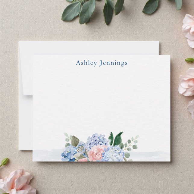 Blå & Rosenskär Akvarell Blommig Notkort Anteckningskort (Elegant personalized stationery with pastel hydrangeas and roses)