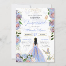 Blå & Rosenskära Rosor Fjäril Quinceanera Invi