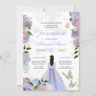 Blå & Rosenskära Rosor Fjäril Quinceanera Invi Inbjudningar