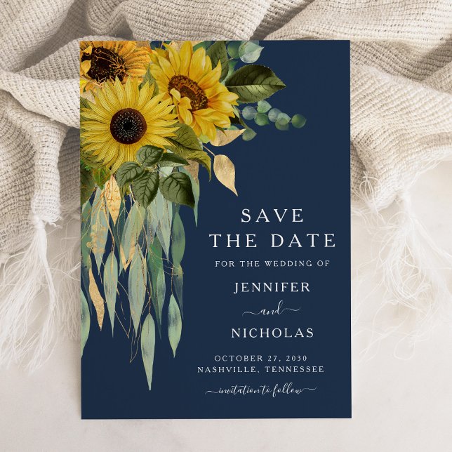 Blå rosensolrossolrosblomma Bröllop Spara Datumet (Navy Blue Sunflower Eucalyptus Wedding Save The Date)