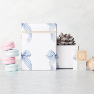 Blå rosett babyfirande pojke rutig minimalistisk presentpapper