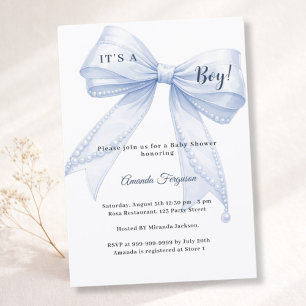 Blå rosett elegant pärlor pojke Baby Shower Inbjudningar