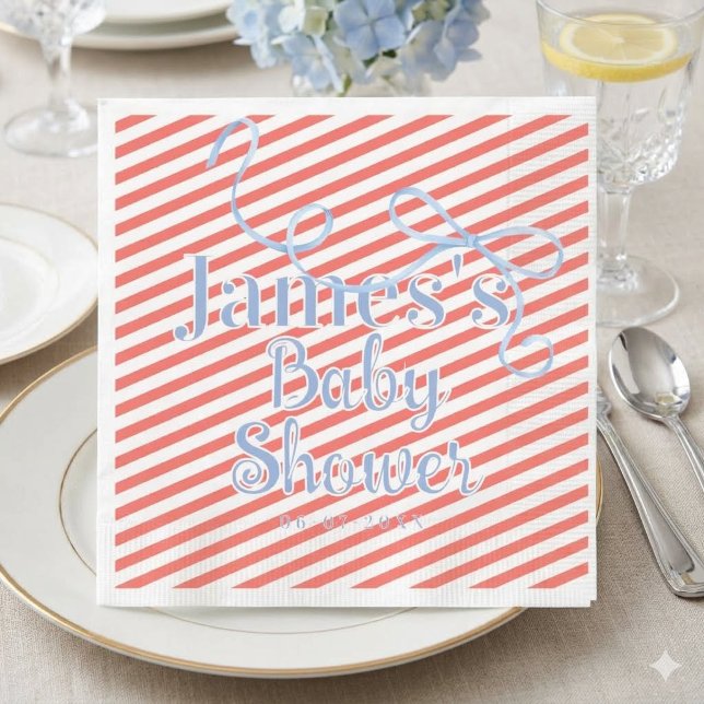 Blå rosett och rödrandig baby shower pappersservett (Skapare uppladdad)