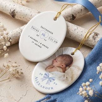 Blå rosett Personlig bebis namn Foto Födelse stati Julgransprydnad Keramik