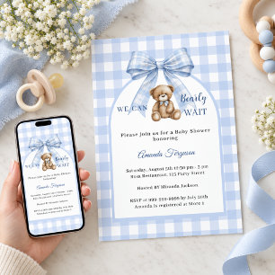 Blå rosett pojke gingham nalle Baby Shower Inbjudningar