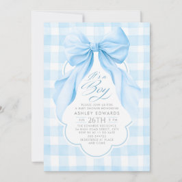 Blå Rosett Rosig Gingham Elegant Pojke Bebis Kalas Inbjudningar