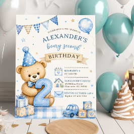Blå rosett Teddy Beary Andra födelsedagsinbjudan Inbjudningar
