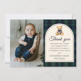 Blå rosett Teddybjörn Tartan Födelsedagsfoto Tack Kort