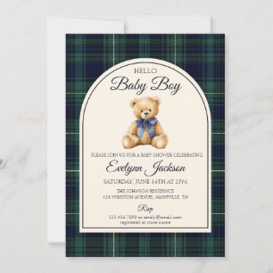 Blå rosett Teddybjörn Tartan Pojke Bebis Bebisdopp Inbjudningar