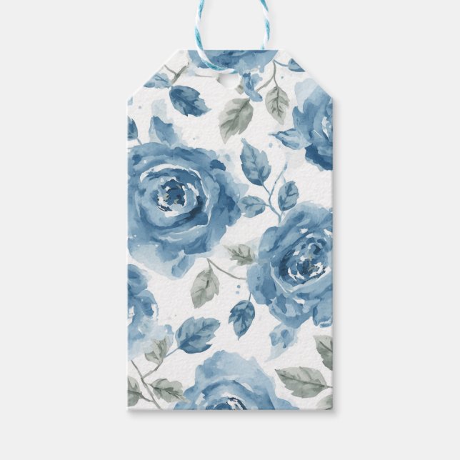 Blå Rosor Akvarell Botaniska Blommor Blommig Presentetikett (Framsidan)