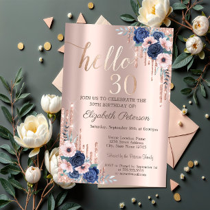 Blå Rosor, Glitter Drips Rose Gold 30-årsdag Inbjudningar