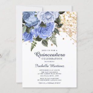 Blå Rosor Guld Glitter Strängljus Quinceañera Inbjudningar