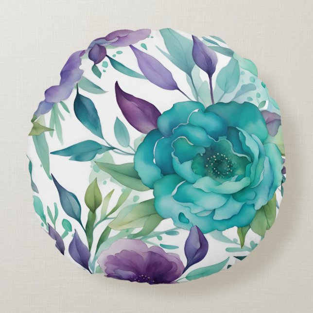 Blå Rosor Lila Akvarellblommor Rund Kudde (Framsidan)