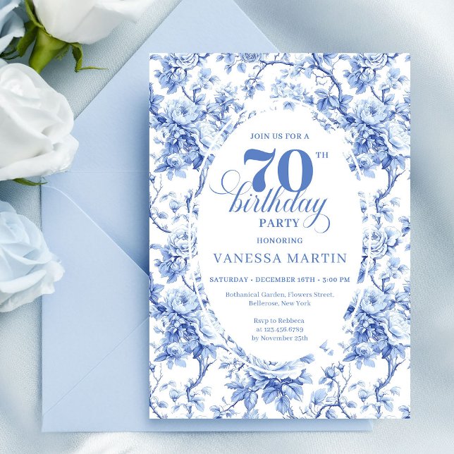 Blå Rosor Lyx 70-års Födelsedagsinbjudan Inbjudningar (Blue Roses Luxe 70th Birthday Invitation)