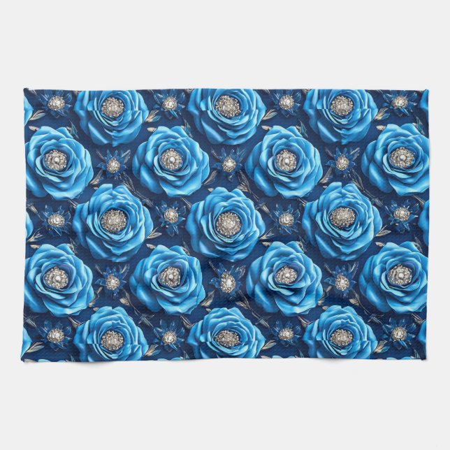 Blå rosor Lyxig Blommig Natt Design Kökshandduk (Horisontell)