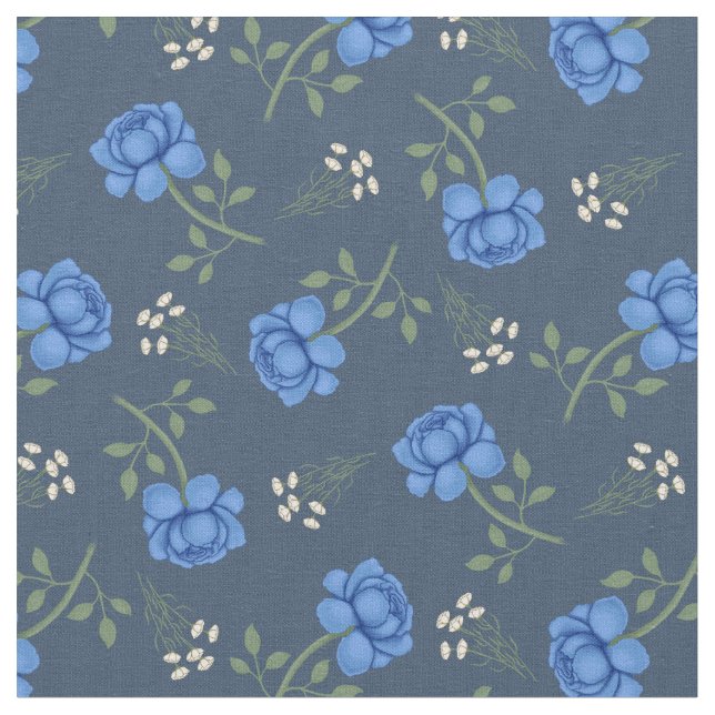 Blå rosor på dämpat blå kaliko tyg (Närbild)