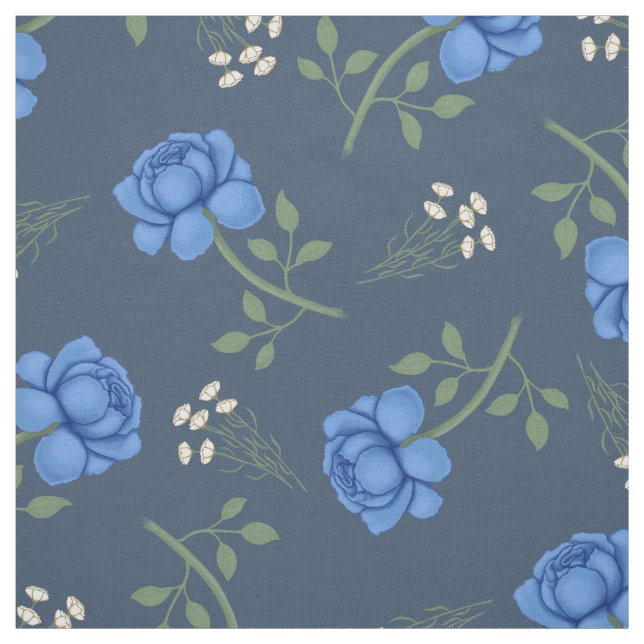 Blå rosor på dämpat blå överdimensionerad calico tyg (Provkarta)