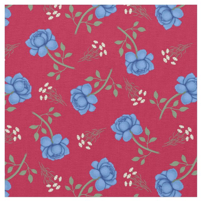 Blå rosor på röd kaliko tyg (Närbild)