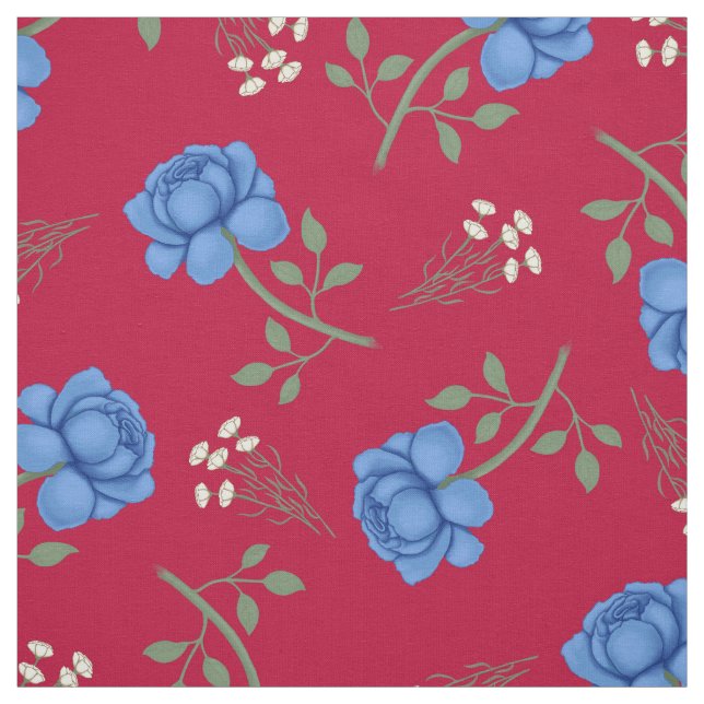 Blå rosor på röd överdimensionerad calico tyg (Provkarta)