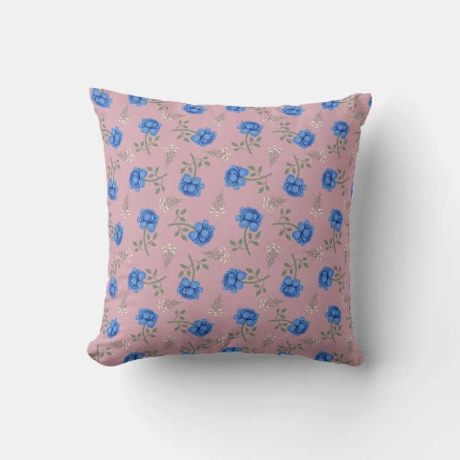 Blå rosor på rosa överdimensionerad calico kudde (Framsida)