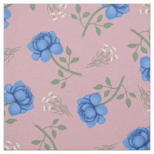 Blå rosor på rosa överdimensionerad calico tyg