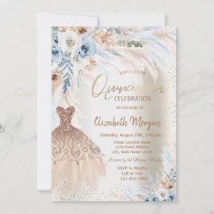 Blå Rosor Pampas Gräs Klänning Quinceanera Inbjudningar