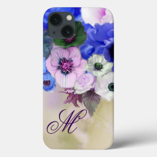 BLÅ ROSOR, RÖDA VITA ANEMONEBLOMMOR MONOGRAM