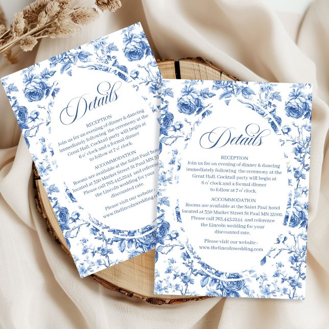 Blå Rosor Toile Bröllop Eleganta Detaljer Kort (Blue Roses Toile Wedding Elegant Details Card)