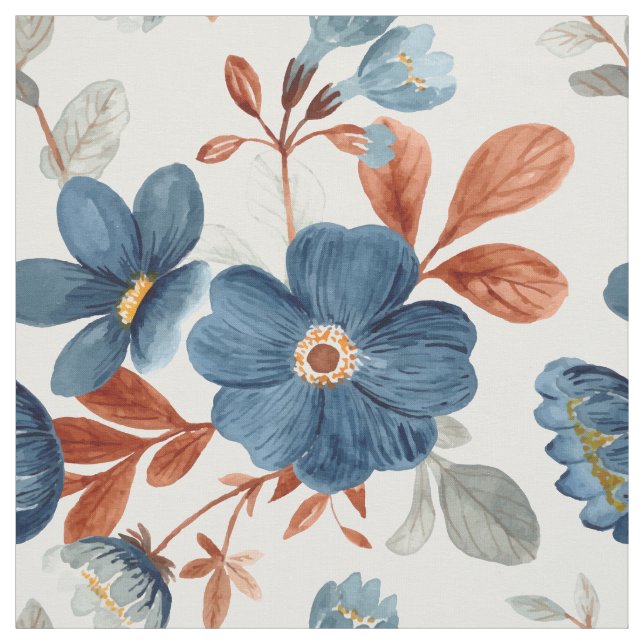 Blå rost - bränd Orange - vattenfärgsblommor vit Tyg (Provkarta)
