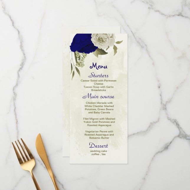 Blå royal och blomkål botaniska bröllop meny (Fram/Back In Situ)
