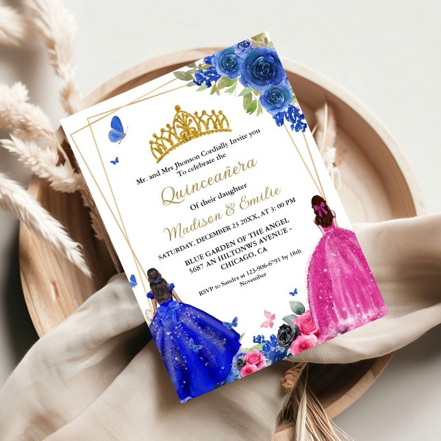 Blå Royal och Fuchsia Butterfly Twin Quinceanera Inbjudningar (Skapare uppladdad)