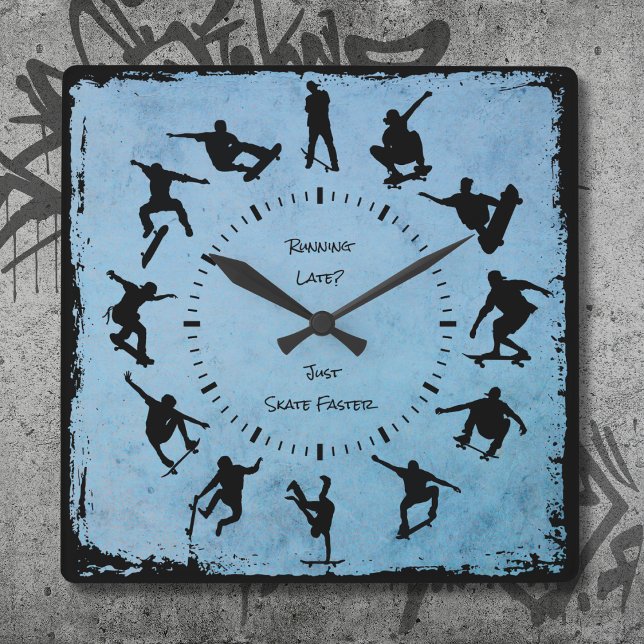 Blå rullande tids skateboardklocka för sovrummet fyrkantig klocka (Roll With Time Personalized Skater Clock Blue)