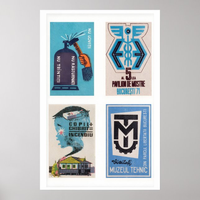 Blå rumänska tändsticksboxetiketter Grid Print, Vi Poster (Framsidan)