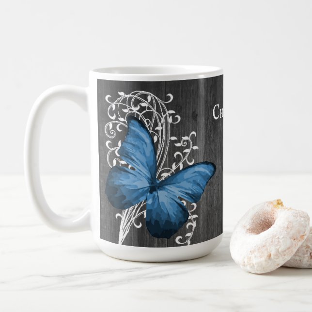 Blå Rustic Butterfly Personlig Coffee Mugg (Med munk)