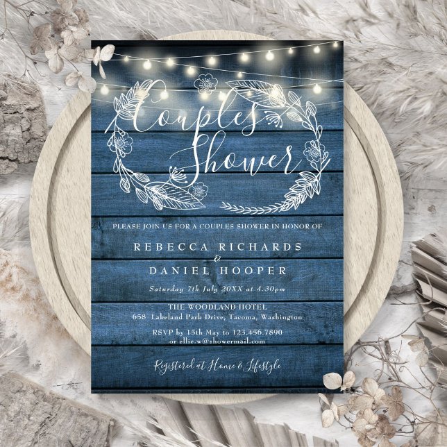 Blå Rustic Wood String Ljus Par Shower Inbjudningar (Blue Rustic Wood String Lights Couples Shower Invitation)