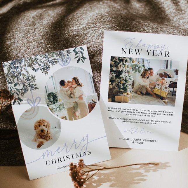 Blå Rustik Akvarell Grönska Familjefoto Julkort (Rustic Watercolor Greenery Family Photo Christmas Card)