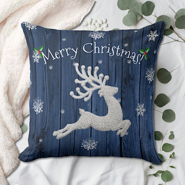 Blå Rustik Jul Kudde Med Renar (Blue Rustic Christmas Reindeer Throw Pillow)