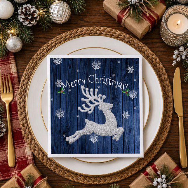 Blå Rustik Julren Julduk Pappersservett (Blue Rustic Christmas Reindeer Paper Napkins)