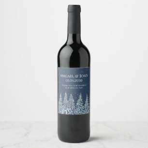 Blå Rustik Snöig Natt Skog Bröllop Vin Etikett