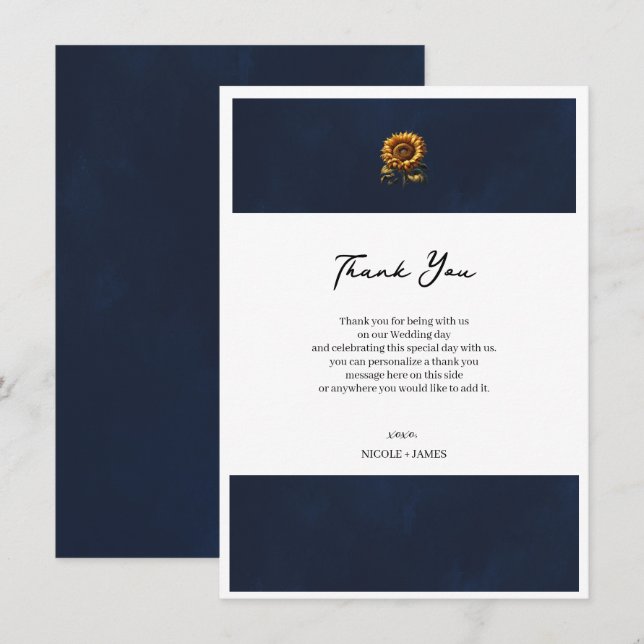 Blå Rustik Solros Bröllop Tack Inbjudningar (Fram/baksida)