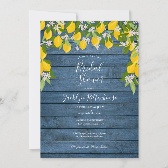 Blå Rustik Trä Citron Grönska Bröllopsdusch Inbjudningar (Framsida)