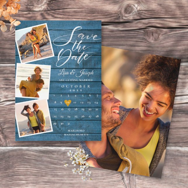 Blå Rustik Trä Foto Collage Kalender Bröllop Spara Datumet (Skapare uppladdad)