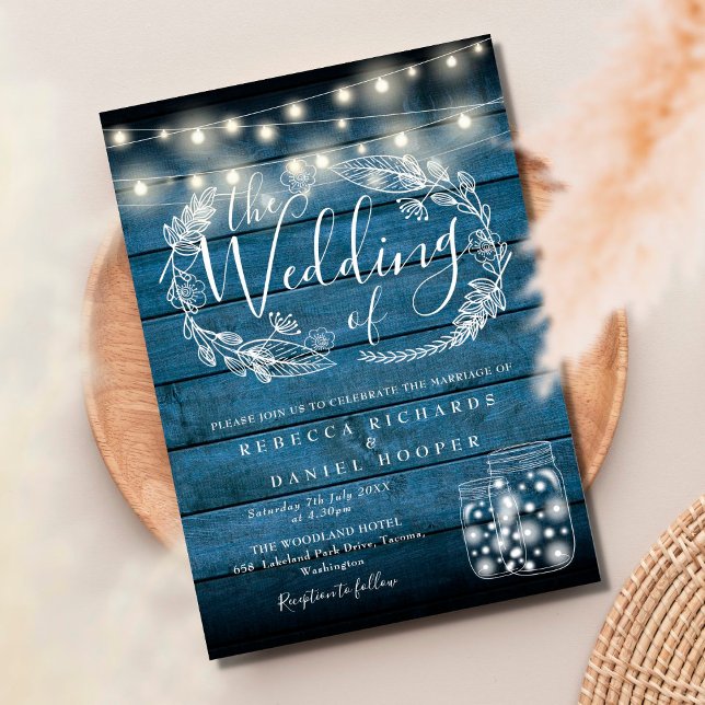 Blå Rustika Murarljus Sträng Ljus Skript Bröllop Inbjudningar (Skapare uppladdad)