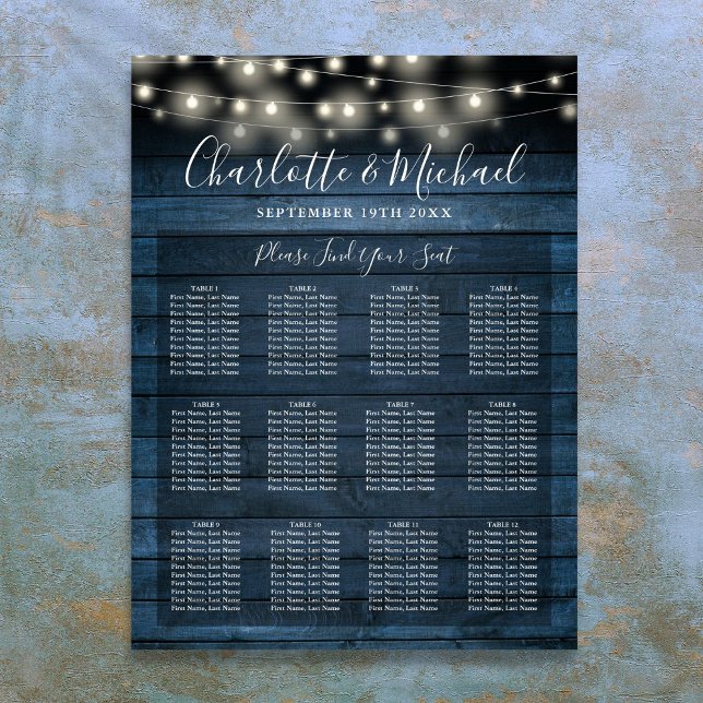 Blå Rustika Strängljus Bröllops Sittplatsschema Poster (Blue Rustic String Lights Wedding Seating Chart)