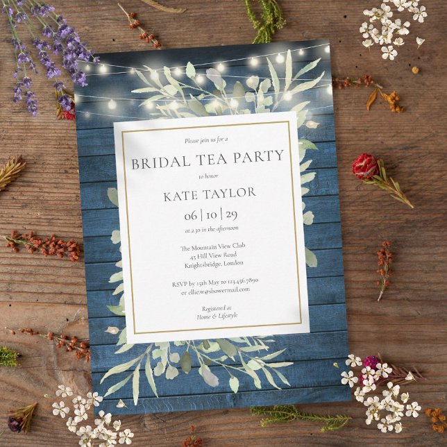 Blå Rustika Strängljus Bröllops Te Party Lövverk Inbjudningar (Foliage Blue Rustic String Lights Bridal Tea Party Invitation)